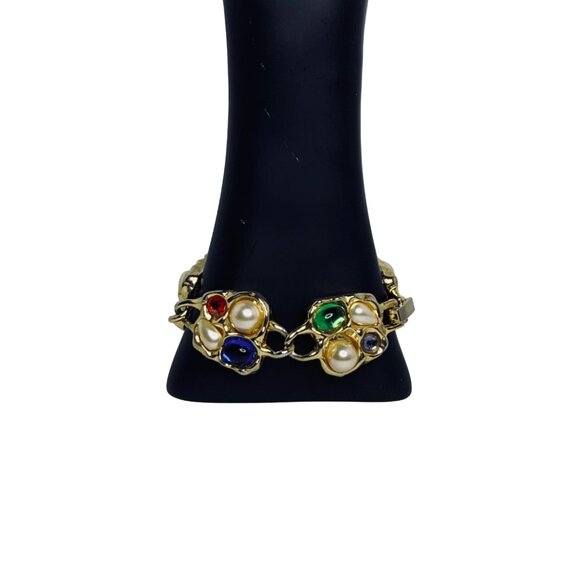 Chunky Gold Tone, Faux Pearl, Rhinestones & Cabochons Link Bracelet (5395) - Picture 2 of 5